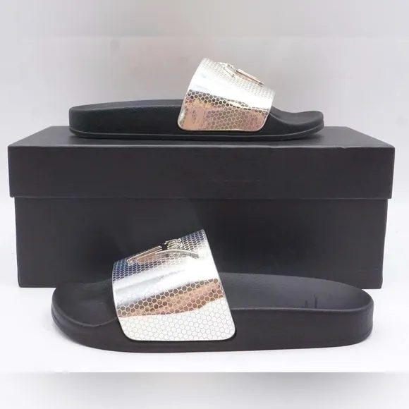 NIB [Giuseppe Zanotti] Metallic Black/Silver Slide Sandals Men's EU 39, US 6