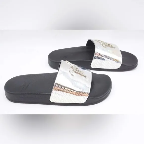 NIB [Giuseppe Zanotti] Metallic Black/Silver Slide Sandals Men's EU 39, US 6