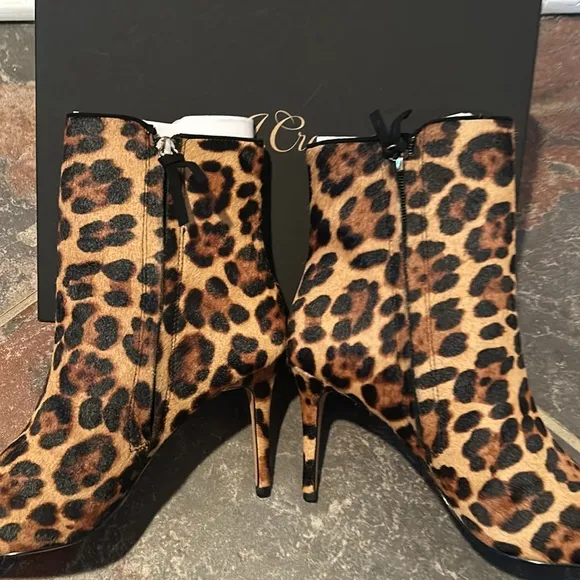 NIB J. Crew Leopard Leather Calf Hair Lana Ankle Boots in Rich Mahogany