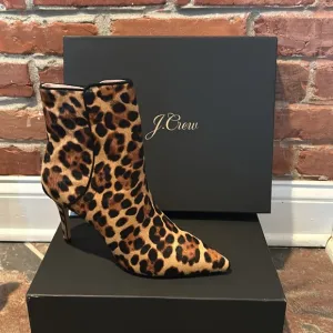 NIB J. Crew Leopard Leather Calf Hair Lana Ankle Boots in Rich Mahogany