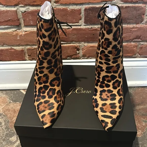 NIB J. Crew Leopard Leather Calf Hair Lana Ankle Boots in Rich Mahogany