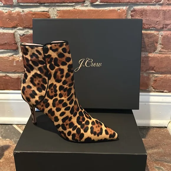 NIB J. Crew Leopard Leather Calf Hair Lana Ankle Boots in Rich Mahogany