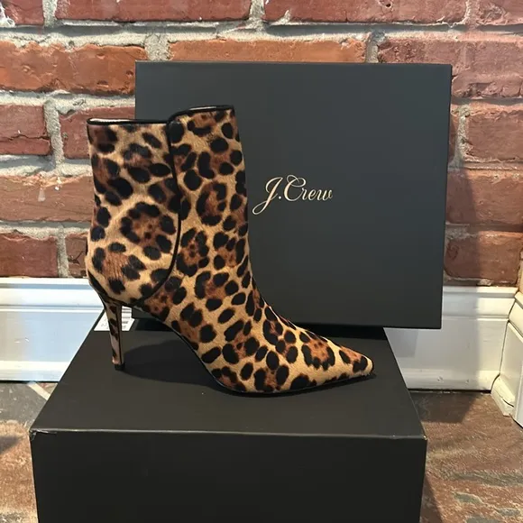 NIB J. Crew Leopard Leather Calf Hair Lana Ankle Boots in Rich Mahogany