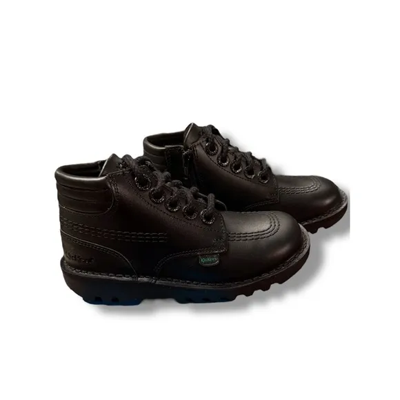 NIB Kickers Kick Hi Padded Leather Boots Black Lace Up Side Zip Sz 29 US 12 kids