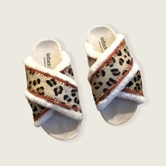NIB Laidback London Anthropologie Cali Suede Slippers Slide Sandal Leopard sz 7