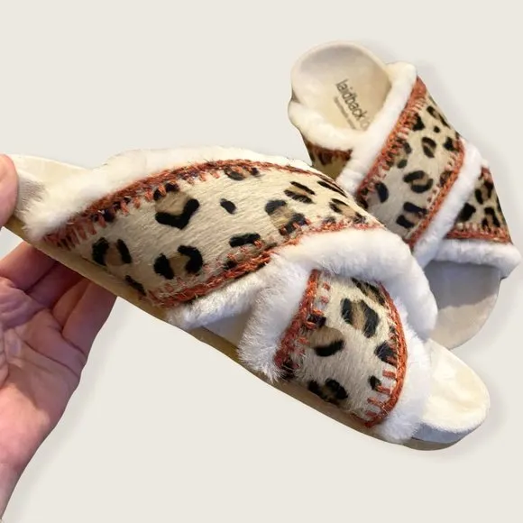 NIB Laidback London Anthropologie Cali Suede Slippers Slide Sandal Leopard sz 7