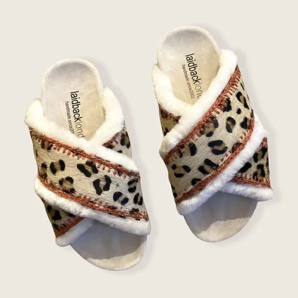 NIB Laidback London Anthropologie Cali Suede Slippers Slide Sandal Leopard sz 7
