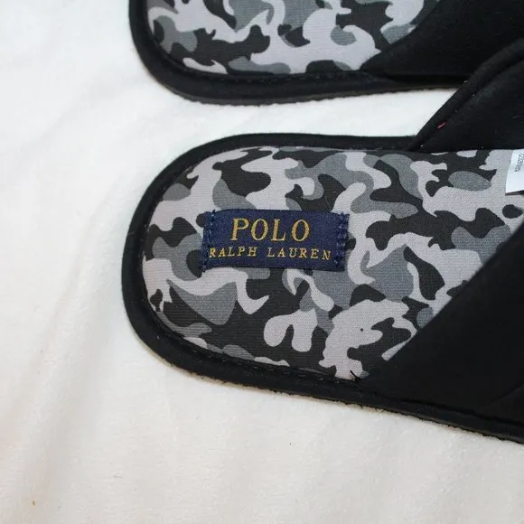 NIB POLO RALPH LAUREN MEN'S SCUFF SLIP ON‎ SLIPPERS BLACK GRAY CAMOUFLAGE