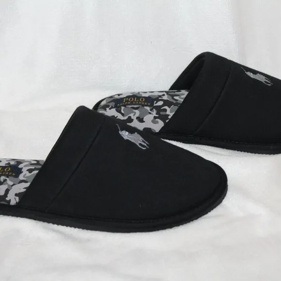 NIB POLO RALPH LAUREN MEN'S SCUFF SLIP ON‎ SLIPPERS BLACK GRAY CAMOUFLAGE