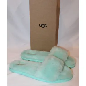NIB UGG Fluff Slide II Sheepskin Slipper‎ Flip Flops Pale Emerald Green