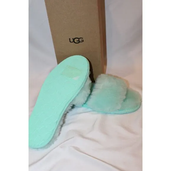 NIB UGG Fluff Slide II Sheepskin Slipper‎ Flip Flops Pale Emerald Green