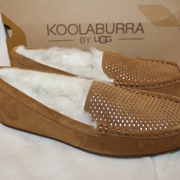 NIB UGG KOOLABURRA LEZLY PERF SUEDE‎ FUR LINED SLIPPERS CHESTNUT