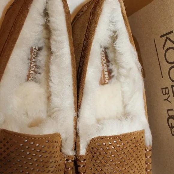 NIB UGG KOOLABURRA LEZLY PERF SUEDE‎ FUR LINED SLIPPERS CHESTNUT