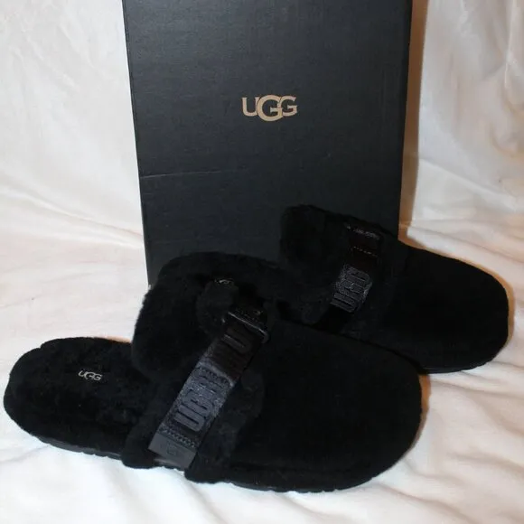 NIB UGG‎ MEN'S FLUFF IT SHEARLING SLIP ON SLIPPERS BLACK