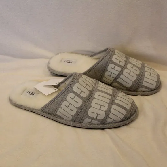 NIB UGG MEN'S GRAPHIC BAND LOGO SCUFF‎ SLIPPERS GRAY