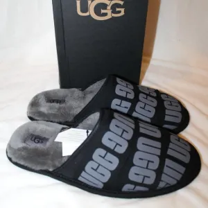 NIB UGG MEN'S LOGO BLACK GRAY SLIP ON‎ SCUFF SLIPPERS