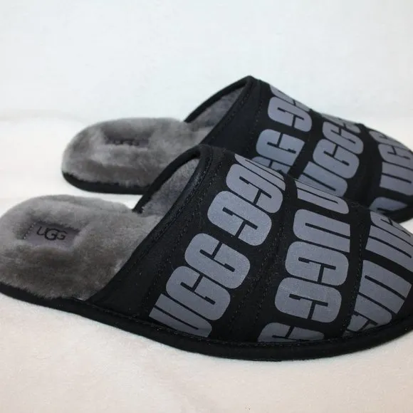 NIB UGG MEN'S LOGO BLACK GRAY SLIP ON‎ SCUFF SLIPPERS