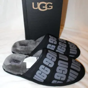 NIB UGG MEN'S SCUFF‎ LOGO SLIPPERS BLACK GRAY