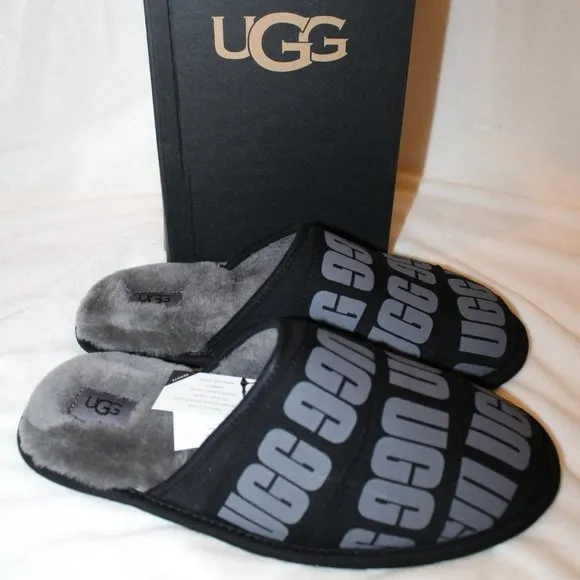 NIB UGG MEN'S SCUFF‎ LOGO SLIPPERS BLACK GRAY
