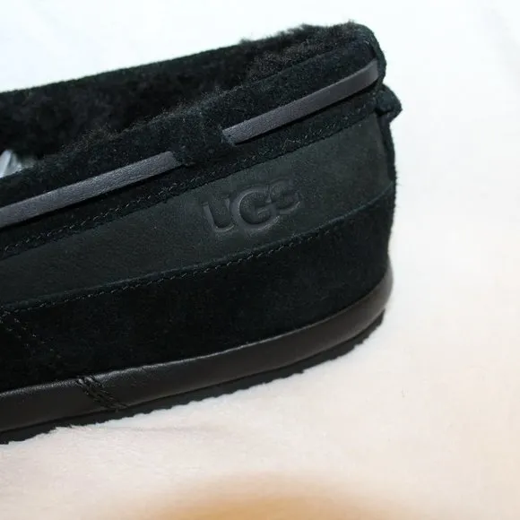 NIB UGG MEN'S SUEDE SHEARLING TIE MOCCASIN LOAFER SHOES SLIPPERS‎ BLACK