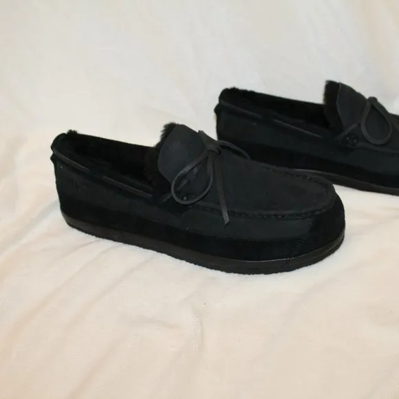NIB UGG MEN'S SUEDE SHEARLING TIE MOCCASIN LOAFER SHOES SLIPPERS‎ BLACK