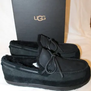 NIB UGG MEN'S SUEDE SHEARLING TIE MOCCASIN LOAFER SHOES SLIPPERS‎ BLACK