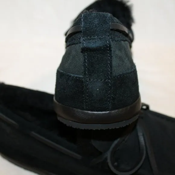 NIB UGG MEN'S SUEDE SHEARLING TIE MOCCASIN LOAFER SHOES SLIPPERS‎ BLACK