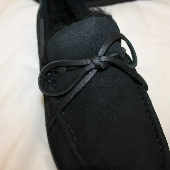 NIB UGG MEN'S SUEDE SHEARLING TIE MOCCASIN LOAFER SHOES SLIPPERS‎ BLACK