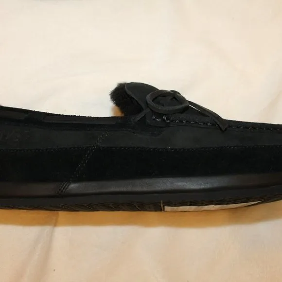 NIB UGG MEN'S SUEDE SHEARLING TIE MOCCASIN LOAFER SHOES SLIPPERS‎ BLACK