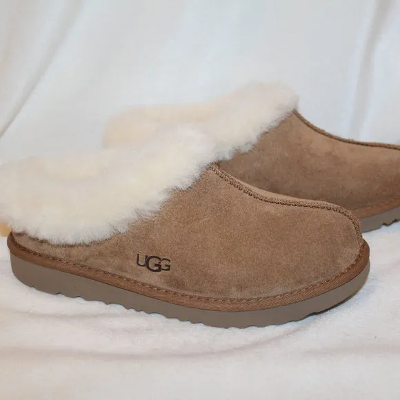 NIB UGG WOMEN'S‎ 6 YOUTH 4 SUEDE SHEARLING SLIP ON SLIPPERS