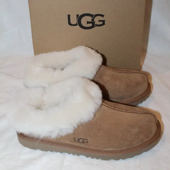 NIB UGG WOMEN'S‎ 6 YOUTH 4 SUEDE SHEARLING SLIP ON SLIPPERS