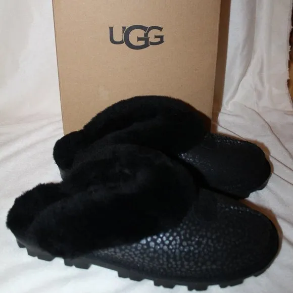 NIB UGG WOMEN'S COQUETTE SPARKLE SPOT SHEARLING SUEDE‎ SLIPPERS BLACK