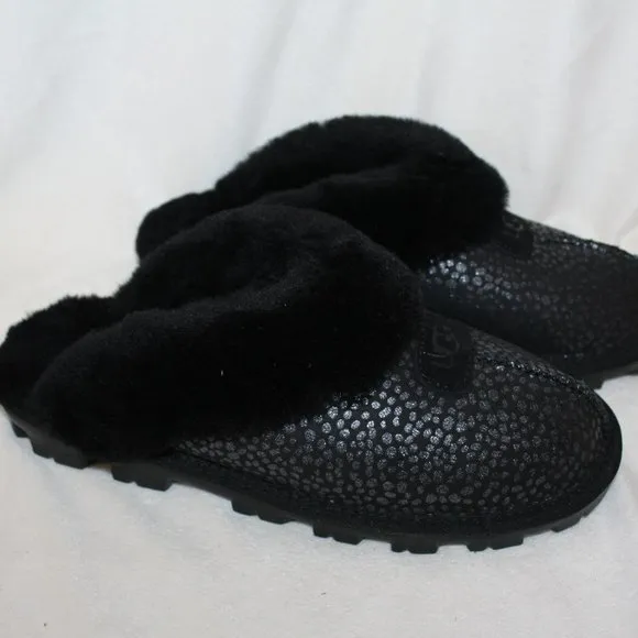 NIB UGG WOMEN'S COQUETTE SPARKLE SPOT SHEARLING SUEDE‎ SLIPPERS BLACK