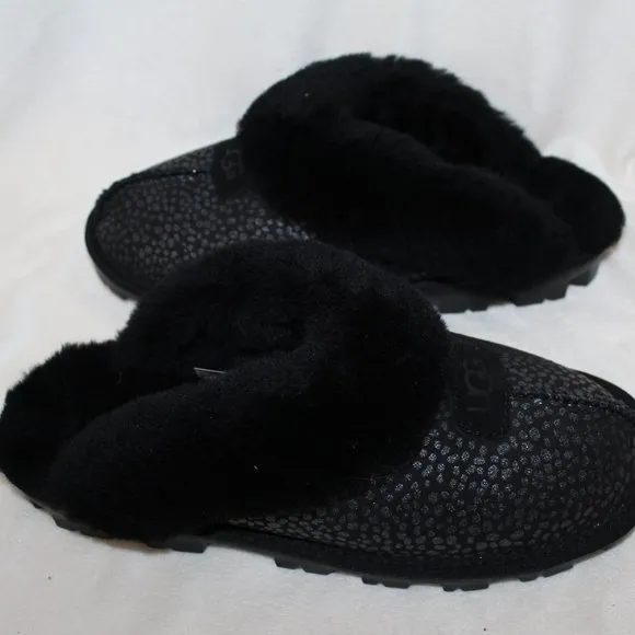 NIB UGG WOMEN'S COQUETTE SPARKLE SPOT SHEARLING SUEDE‎ SLIPPERS BLACK