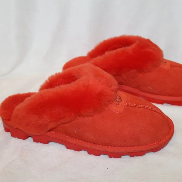 NIB UGG WOMEN'S COQUETTE SUEDE SHEARLING‎ SLIP ON SLIPPERS RED PEPPER