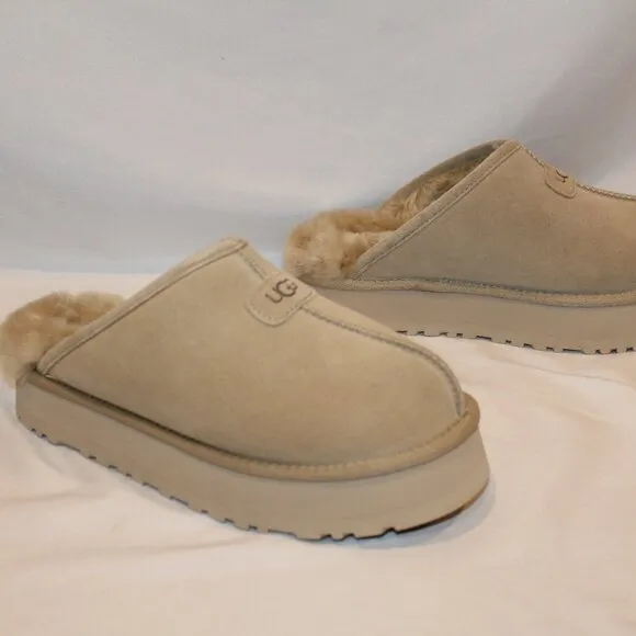 NIB UGG WOMEN'S DISCOQUETTE SUEDE SHEARLING LINED‎ SLIPPERS TAN