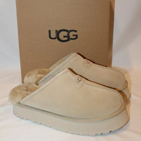NIB UGG WOMEN'S DISCOQUETTE SUEDE SHEARLING LINED‎ SLIPPERS TAN