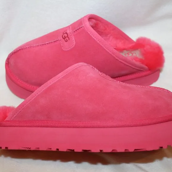 NIB UGG WOMEN'S DISCOQUETTE SUEDE SHEARLING SLIP‎ ON PLATFORM SLIPPERS PINK