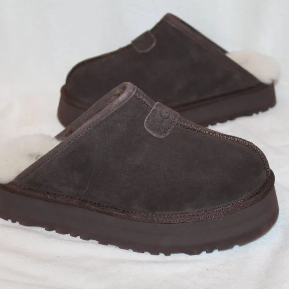 NIB UGG WOMEN'S DISCOQUETTE SUEDE SHEARLING‎ SLIP ON SLIPPERS BROWN