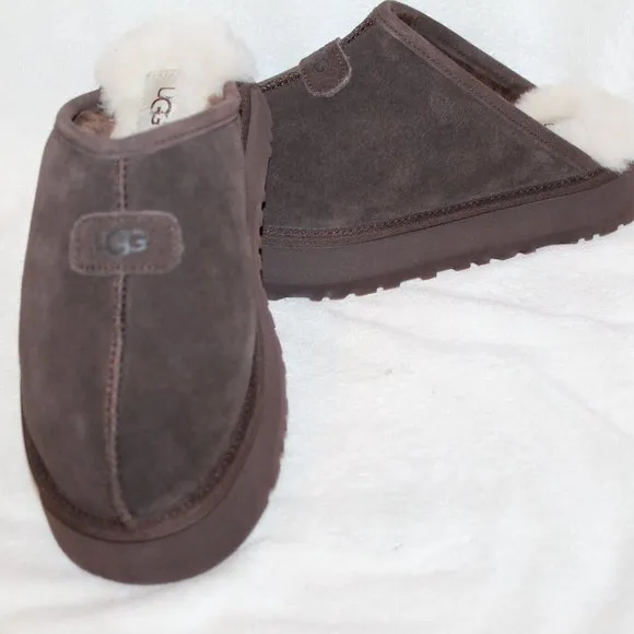 NIB UGG WOMEN'S DISCOQUETTE SUEDE SHEARLING‎ SLIP ON SLIPPERS BROWN