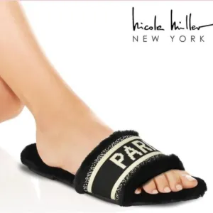 Nicole Miller Cozy Slippers Faux Fur Black Paris Sz. 8.5