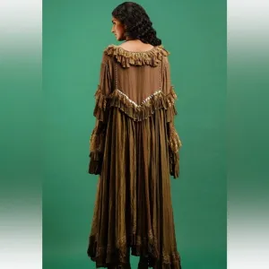 Nidhi Yasha Green Viscose Embroidered Scoop Neck Bohemian Luxury Dress One Size