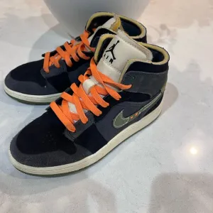 Nike Air Jordan Kids' Black and Grey Suede Sneakers with Army Green Swoosh