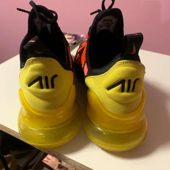 Nike AIRMAX 270 EUC Orange red color, Black and Yellow Athletic Shoes.