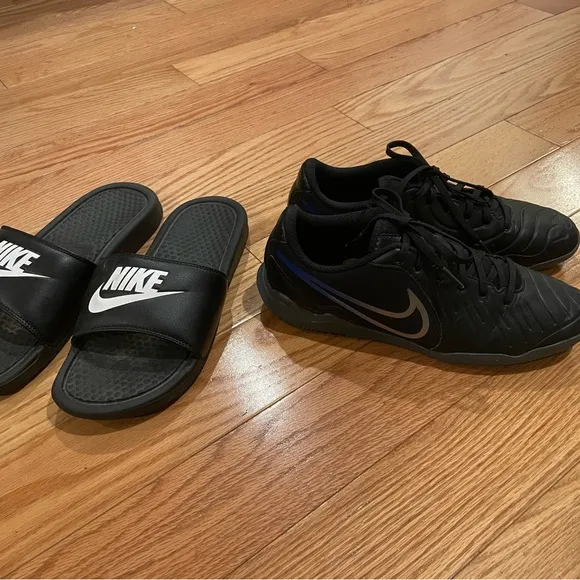Nike Tiempo Legend Club Indoor Soccer Shoes and slides size 7