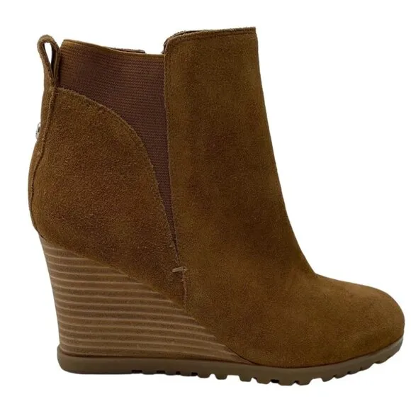 Nine West Suede Wedge Booties Women's 8 Light Brown Expansion-Panels Zipper NEW
