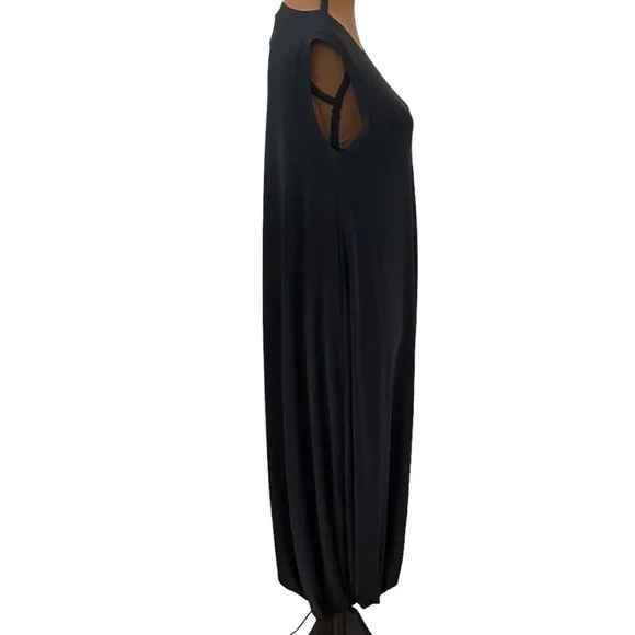 Norma Kamali black sleeveless long swing dress with gathered hemline maxi sz XS