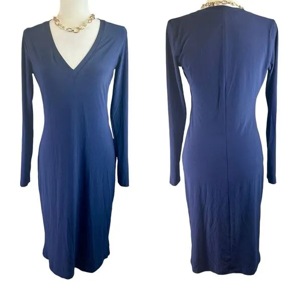 Norma‎ Kamali Womens Stretch V-Neck Long Sleeve Midi Sweater Dress Blue  Size M