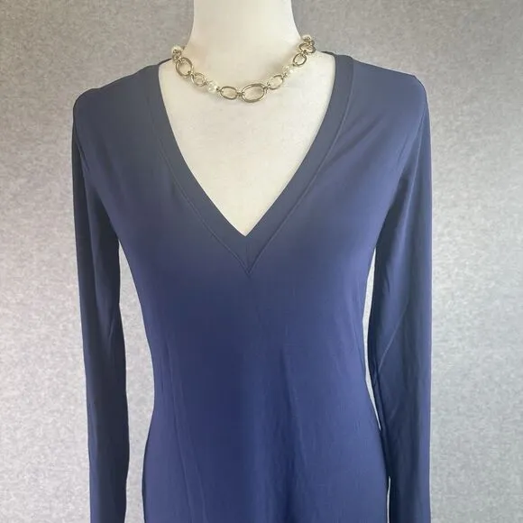 Norma‎ Kamali Womens Stretch V-Neck Long Sleeve Midi Sweater Dress Blue  Size M