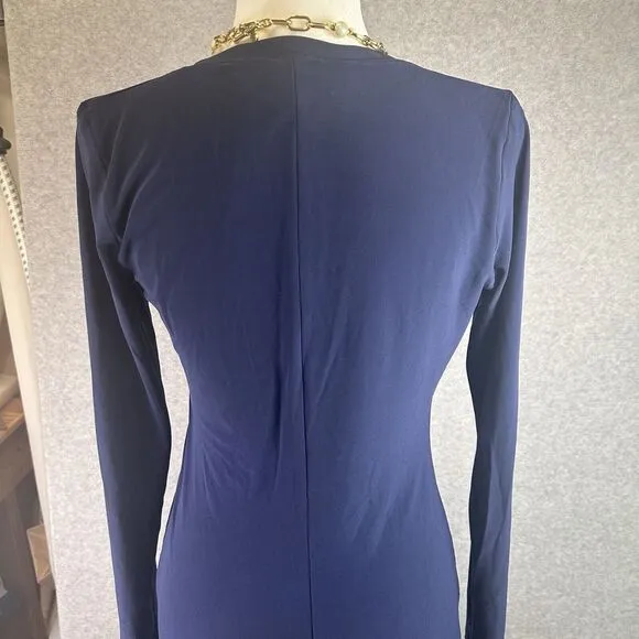 Norma‎ Kamali Womens Stretch V-Neck Long Sleeve Midi Sweater Dress Blue  Size M
